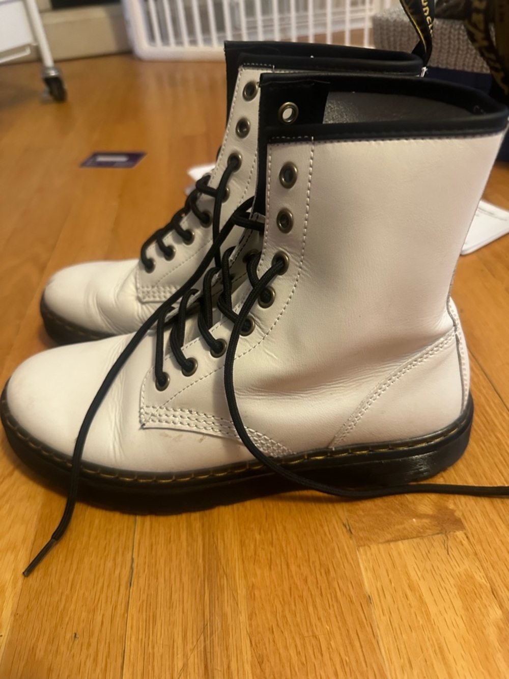 Dr. Martens White Leather Lace-Up Combat Boots with Black Trim